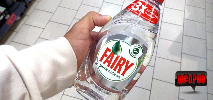 Eticheta Fairy Pure and Clean detergent de vase cu zero parfumuri si zero coloranti